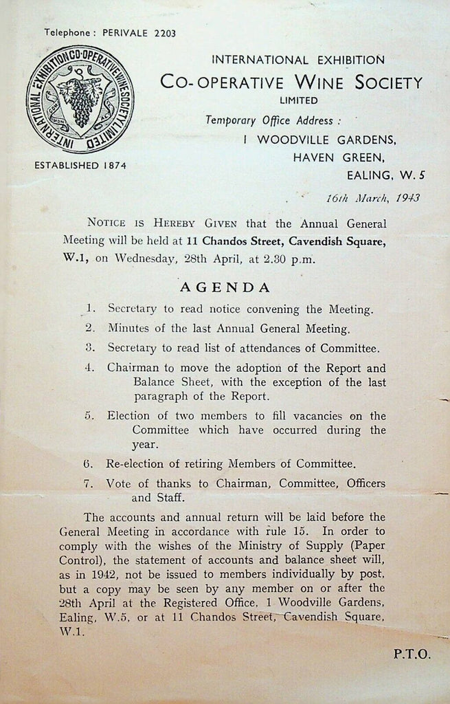 Cooperative Wine Society International Exhibition 1943 Meeting Agenda