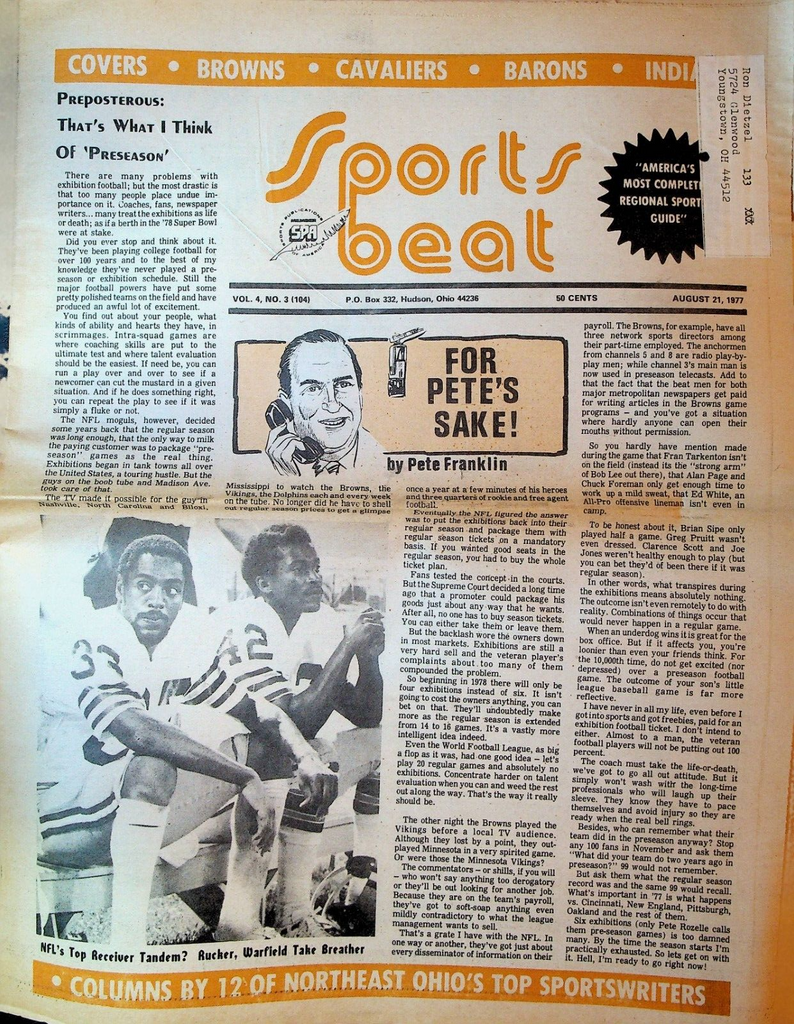 Sports Beat Magazine August 21 1977 Paul Warfield Reggie Rucker Cleveland Browns