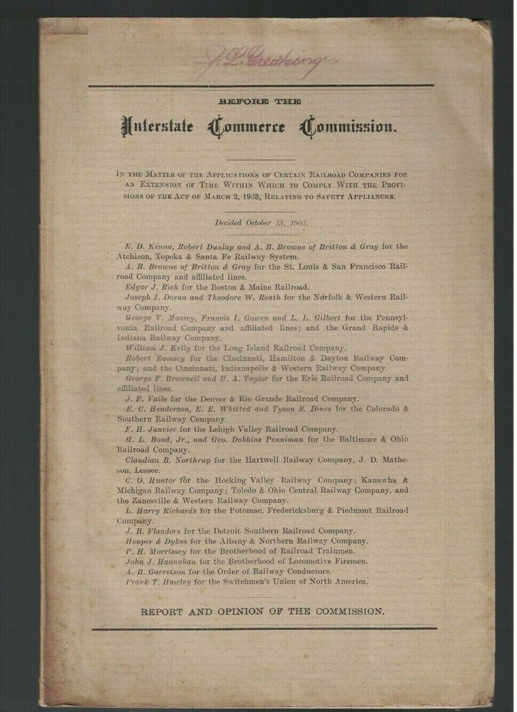 Railroad Companies & Safety Appliances Act Booklet 1903 Interstate Commerce