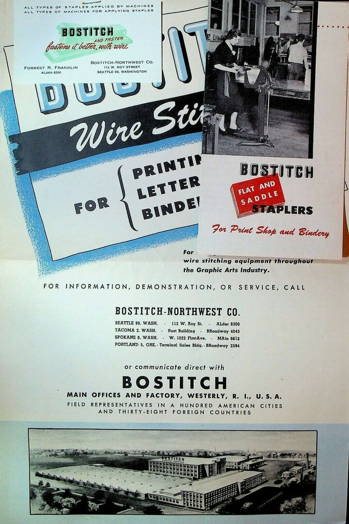 Bostitch Wire Book Stichers Brochure Stapler 1950s Westerly RI Seattle Wa