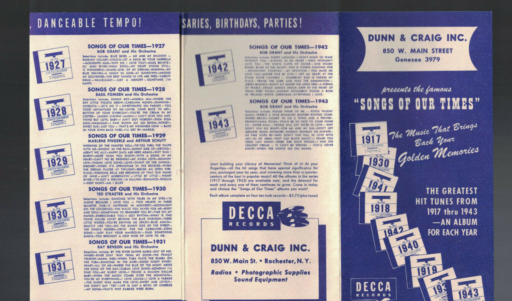 Decca Records Song of Our Times Brochure 1943 Dunn & Craig Rochester NY