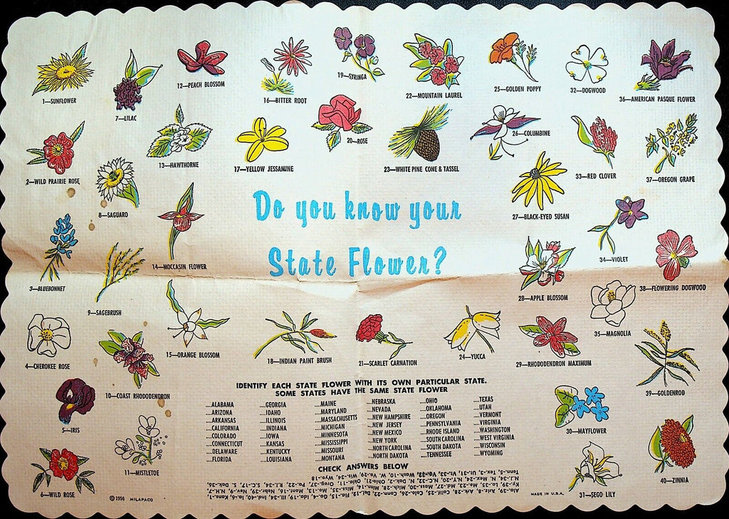 Do You Know Your State Flowers Paper Placemat 1956 Milapaco USA