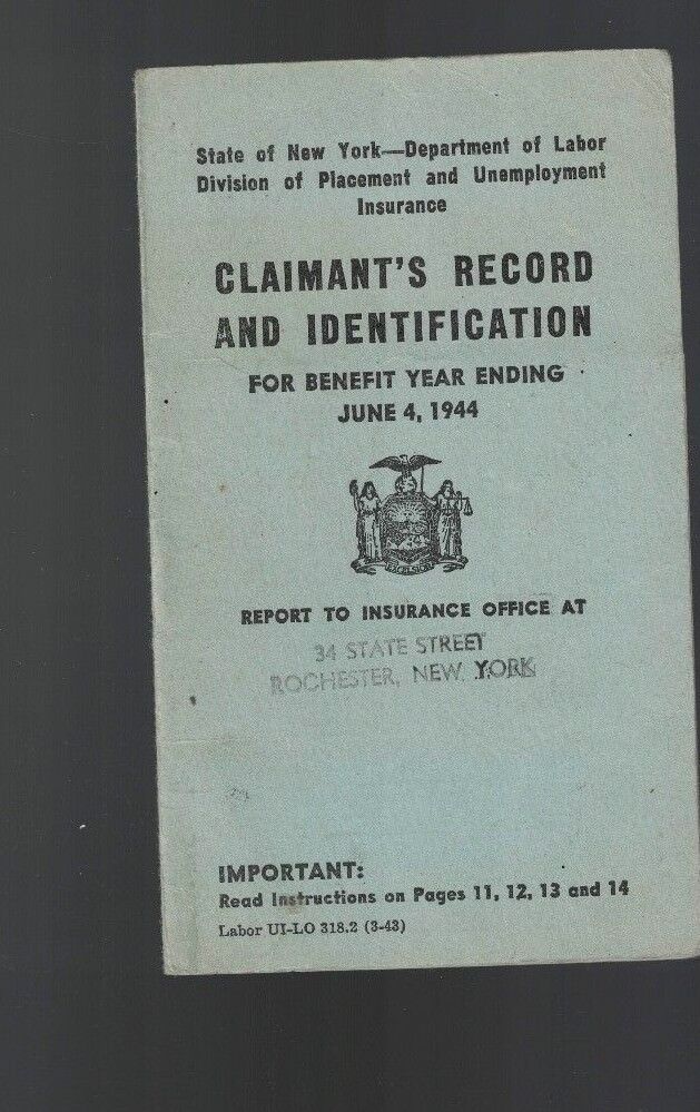 New York State Unemployment- Claimant's Record and Identification 1944