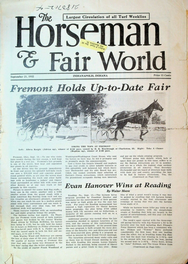 Horseman & Fair World Magazine Harness Racing September 21 1932 Fremont Ohio