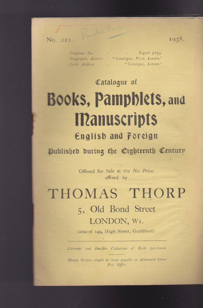 Thomas Thorp Catalog 211 1938 Books Pamphlets Manuscripts
