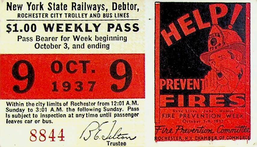 Rochester City Trolley & Bus Lines Pass October 9 1937 Fire Prevention Week