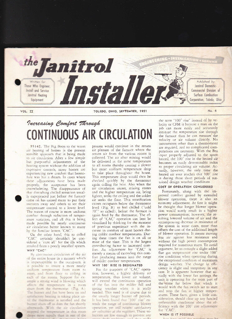 Janitrol Installer September 1951 Janitrol Heating Equipment Toledo Ohio