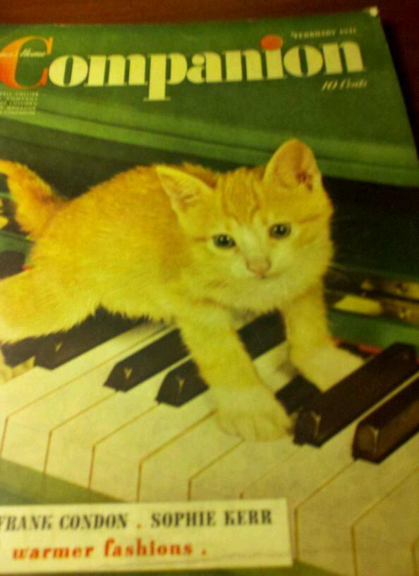 Window ad for 1941 Womans Home Companion with adotable kitten on piano