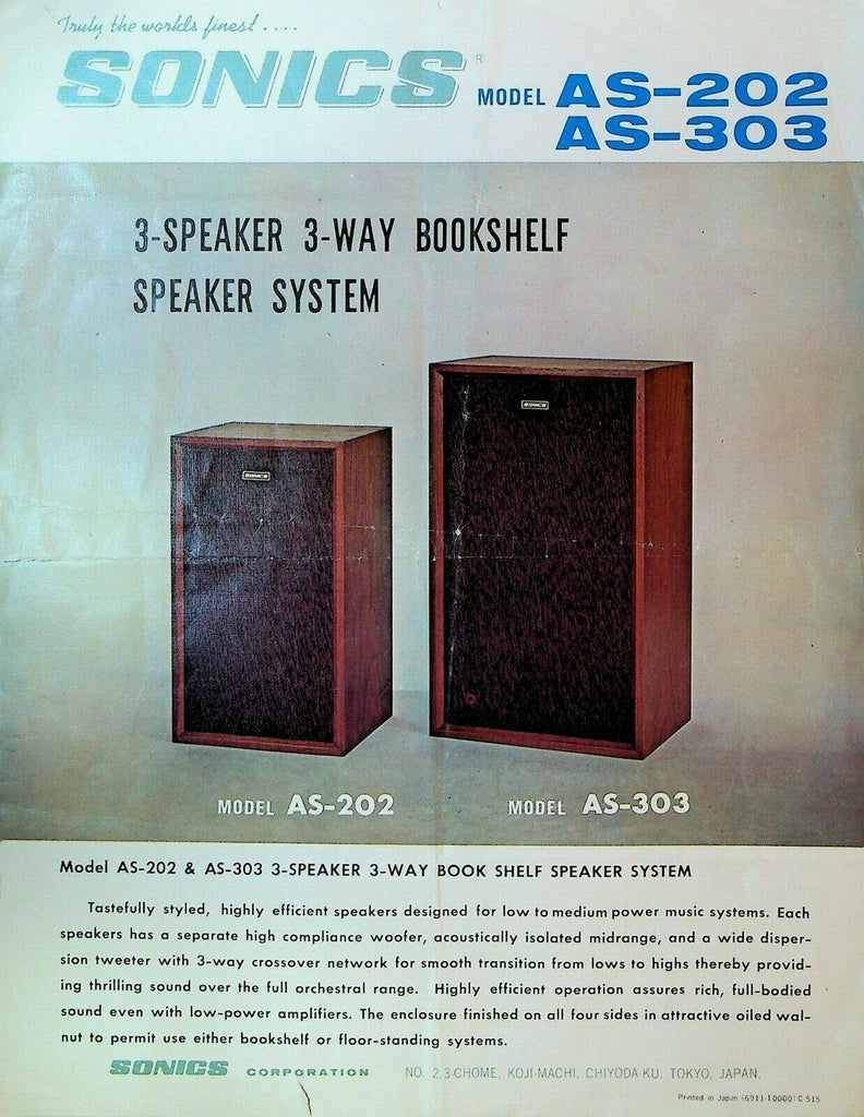 Sonics AS-202 AS-303 Bookshelf Speaker System Ad Sheet 1970s