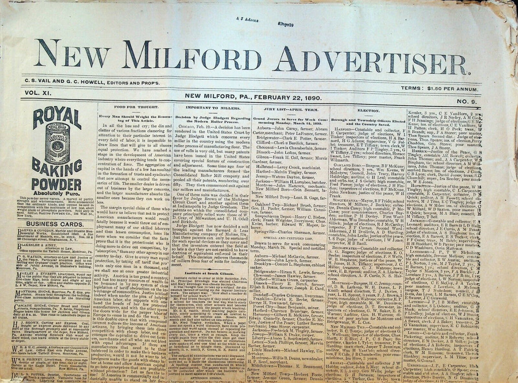 New Milford Pa Advertiser Newspaper February 22 1890 PT Barnum Circus Smallpox