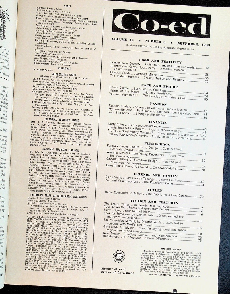 Co-Ed Magazine November 1966 Delores Lehr Diantha Warfel