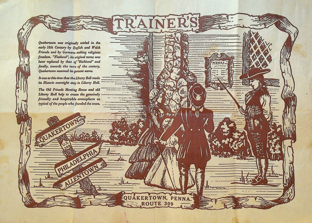 Trainer's Restaurant Placemat Quakertown Pennsylvania Family Outside