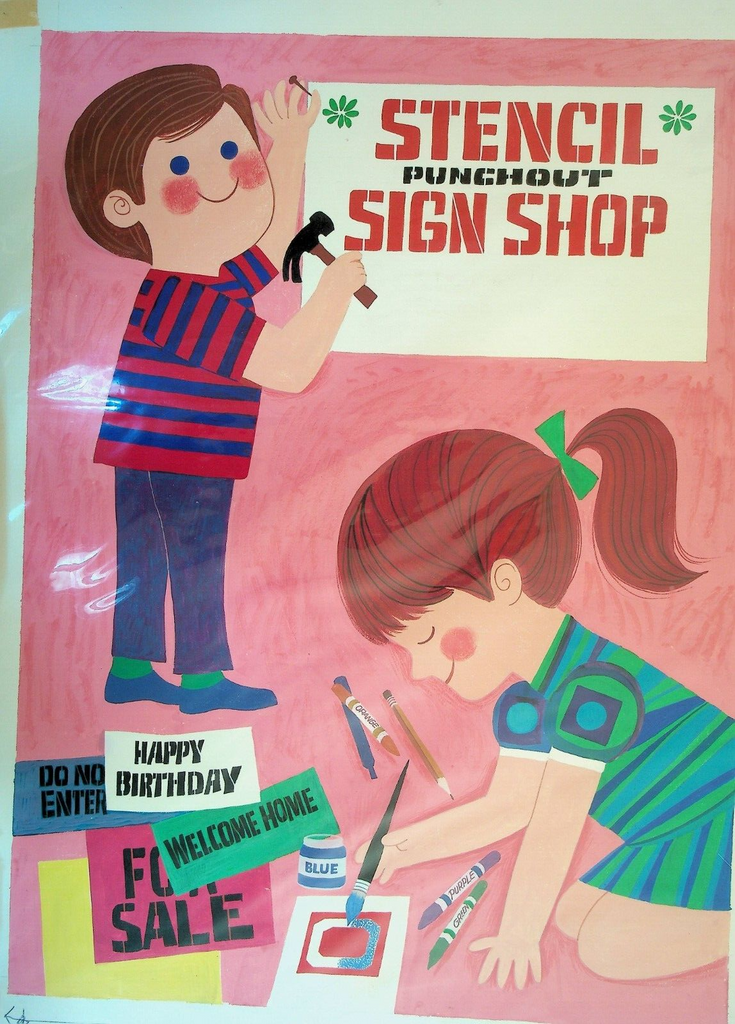 Stencil Punchout Sign Shop Activity Book Original Art Cover 1960s Samuel Lowe