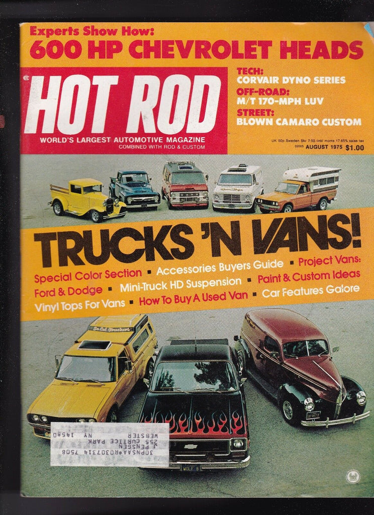 Hot Rod Magazine Trucks Vans Corvair Dyno Series August 1975 FREE US S/H
