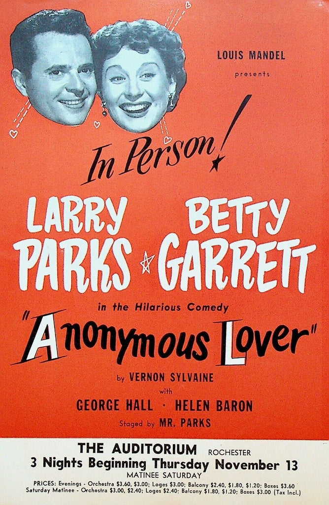 Anonymous Lover Larry Parks Handbill November 13 1952 Rochester NY