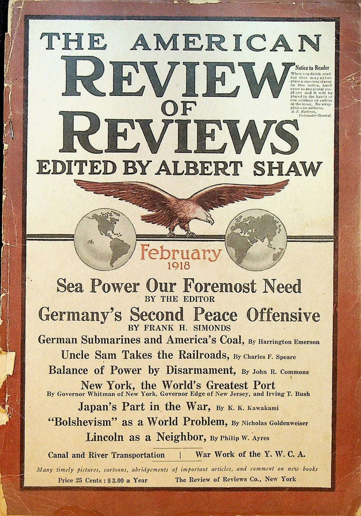 American Review of Reviews February 1918 WWI Submarines Railroads Bolshevism