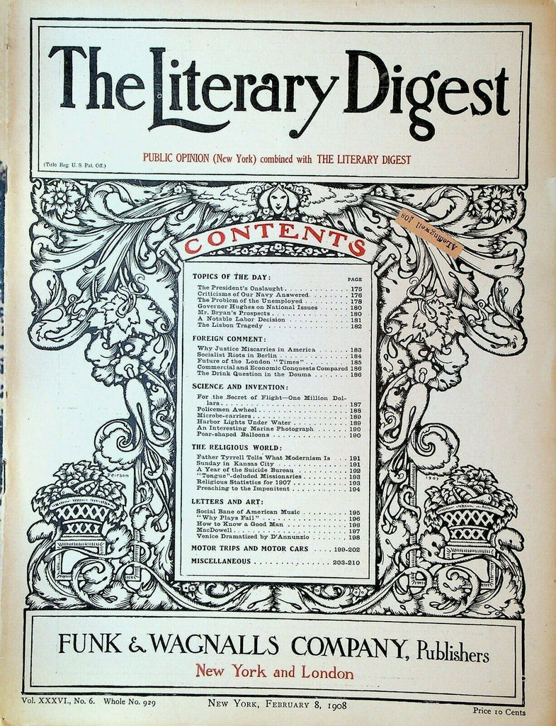 Literary Digest February 8 1908 King Carlos Assassination Berlin Socialist Riots