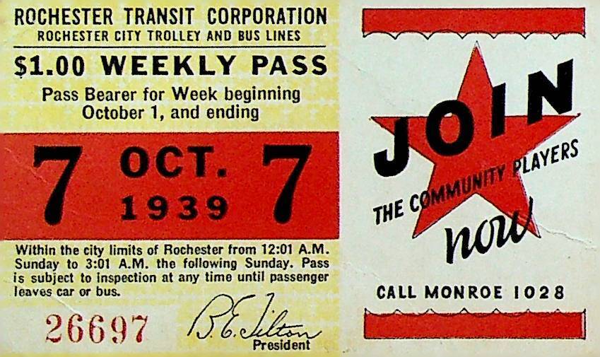 Rochester City Trolley & Bus Lines Pass October 7 1939 Community Players