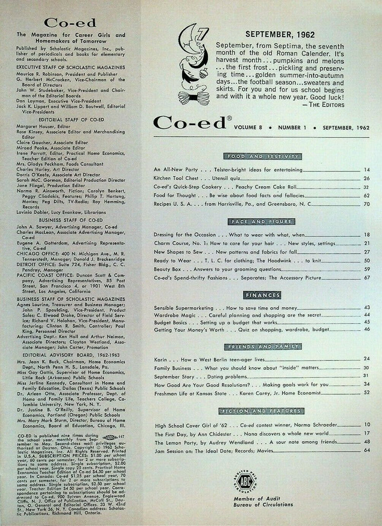Co-Ed Magazine September 1962 Norma Schraeder Audrey Wendland