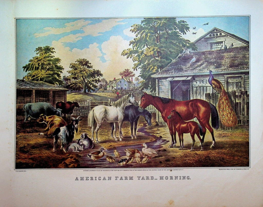 Currier & Ives Print American Farm Yard Morning Evening