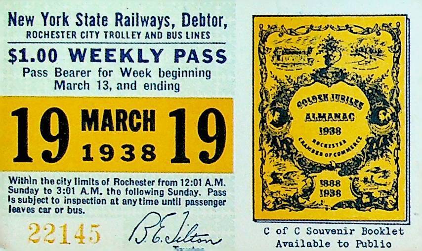 Rochester City Trolley & Bus Lines Pass March 19 1938 Golden Jubilee