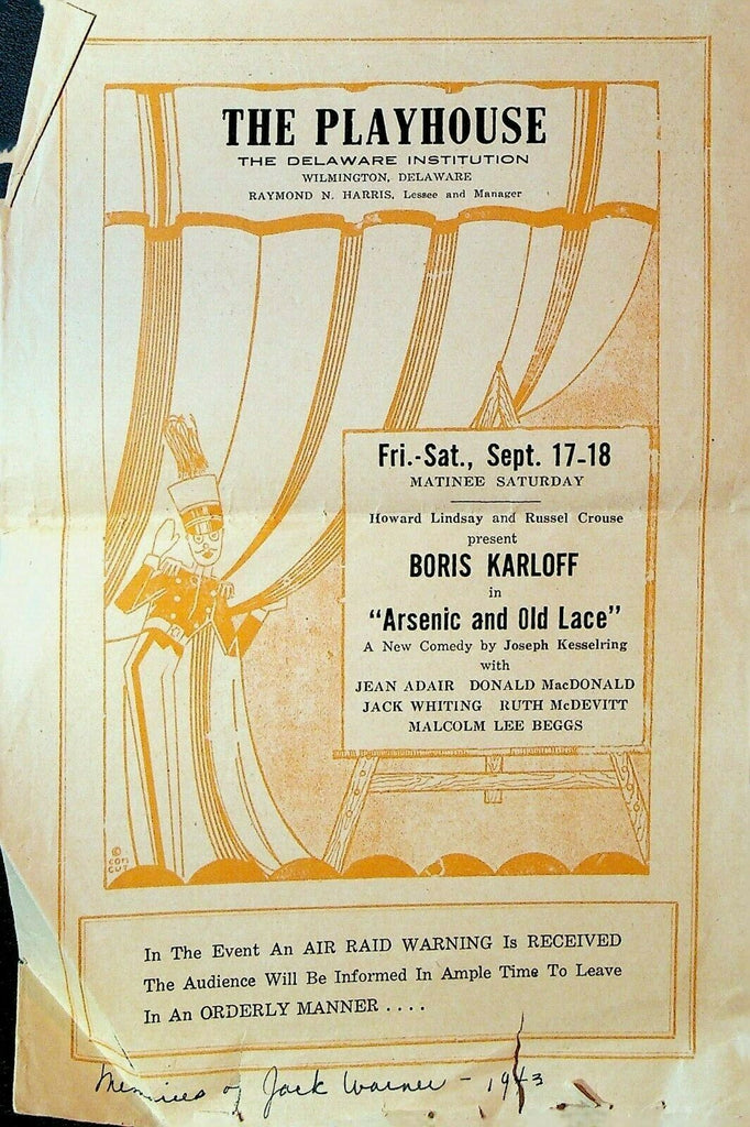 Arsenic & Old Lace Playbill Boris Karloff September 1943 Wilmington Delaware