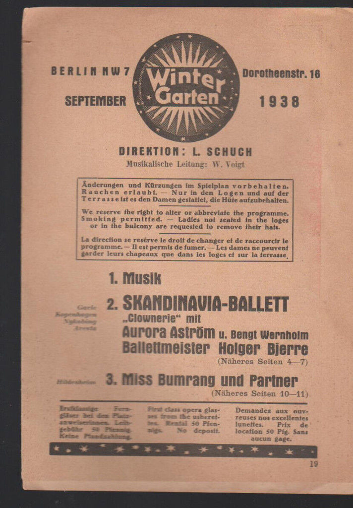 Berlin Winter Garden Program September 1938 Germany Scandinavia Ballet