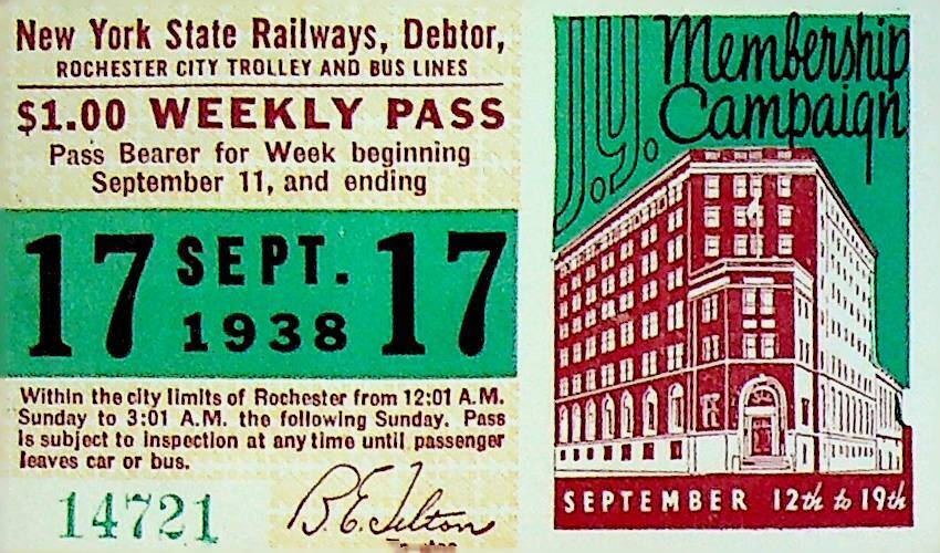 Rochester City Trolley & Bus Lines Pass September 17 1938 JY Membership