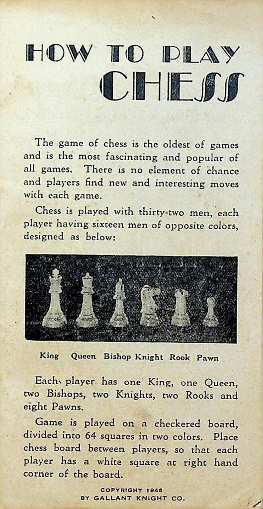 How to Play Chess 1946 Gallant Knight Company Instructions