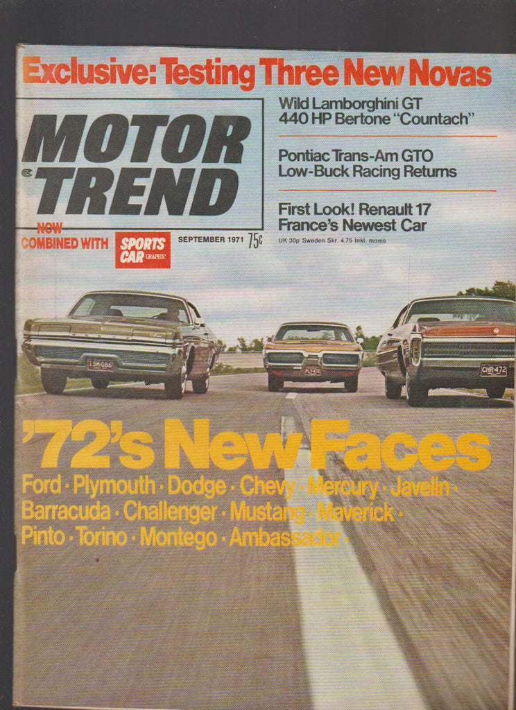 Motor Trend Magazine September 1971 Nova Lamborghini Trans-Am GTO Renault Pinto