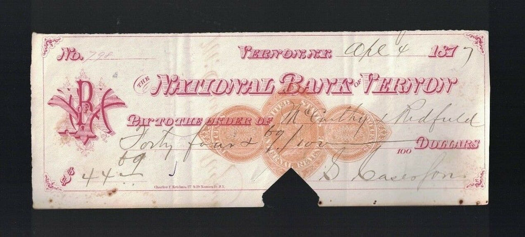 The National Bank of Vernon cancelled check 1877 NY