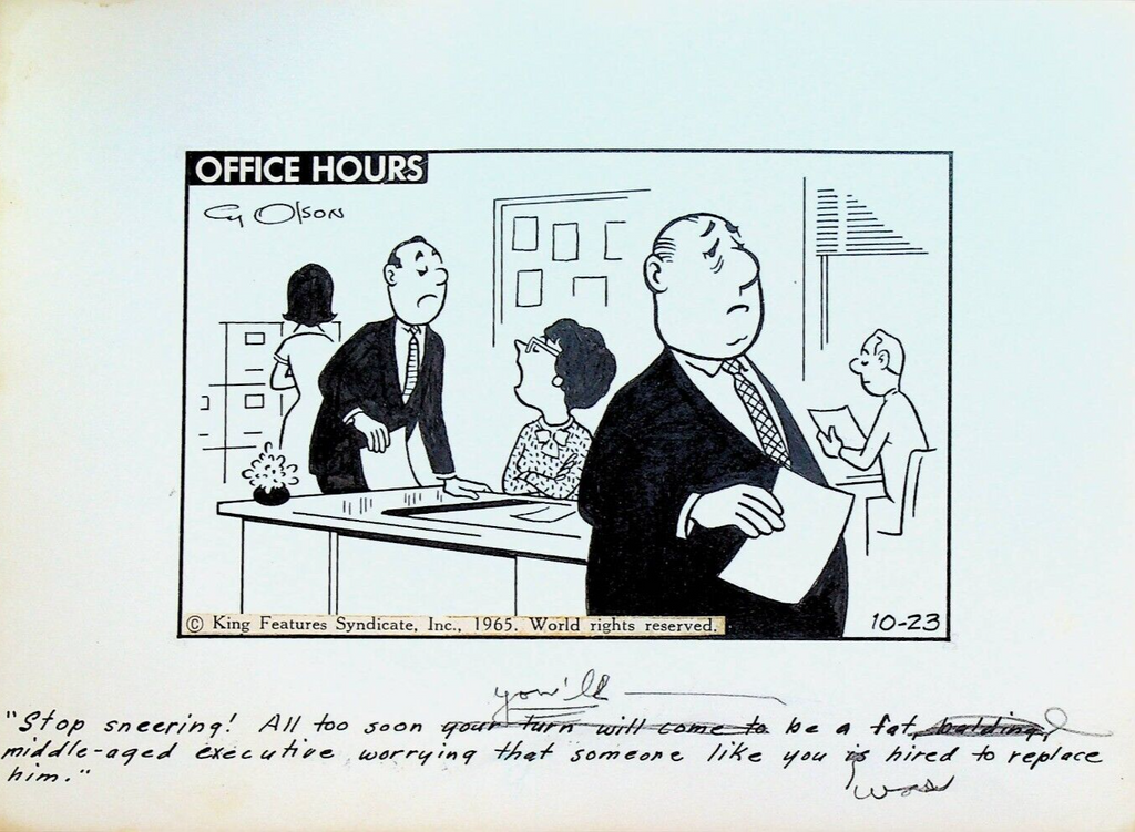 Office Hours by Cy Olson Original Comic Strip Art October 23 1965 Fat Executive