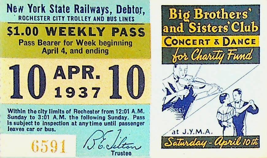 Rochester City Trolley & Bus Lines Pass April 10 1937 Big Brothers & Sisters