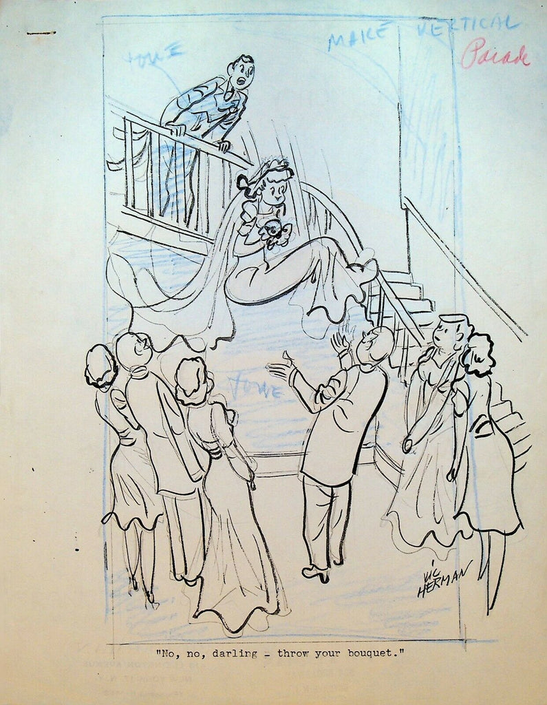 Vic Herman Original Art 1940s Bride Groom Marriage Throwing Bouquet