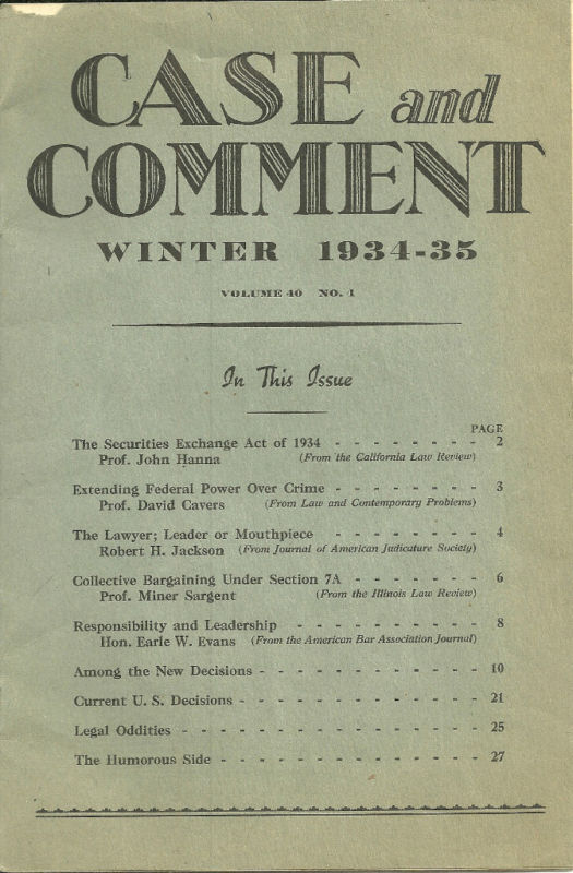 Case & Comment Magazine Winter 1934-35 SEC Act of 1934 Federal Power Over Crime