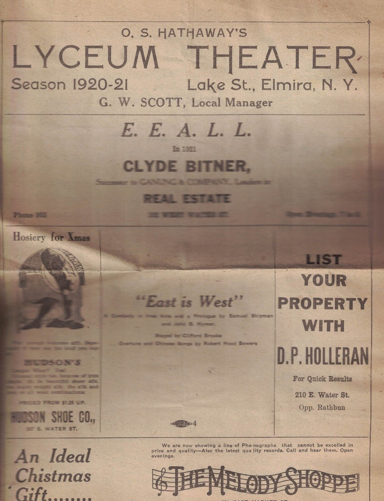 East is West Play Program Lyceum Theatre Elmira NY 1920 OS Hathaway
