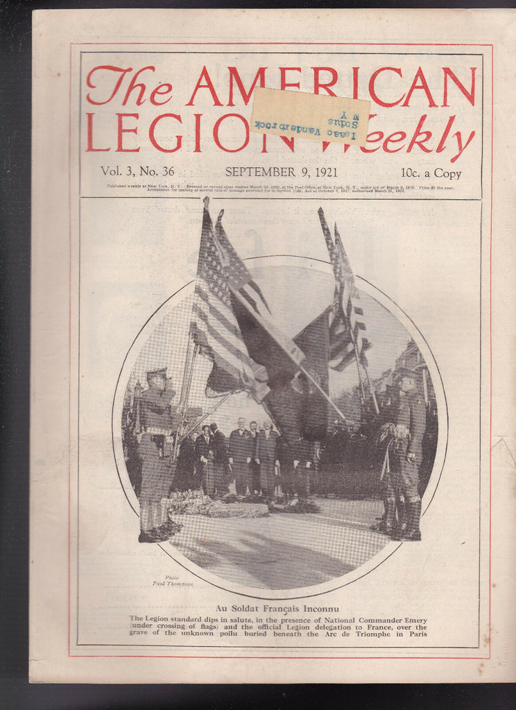 American Legion Magazine Legion Standard in Salute  Cover September 9 1921