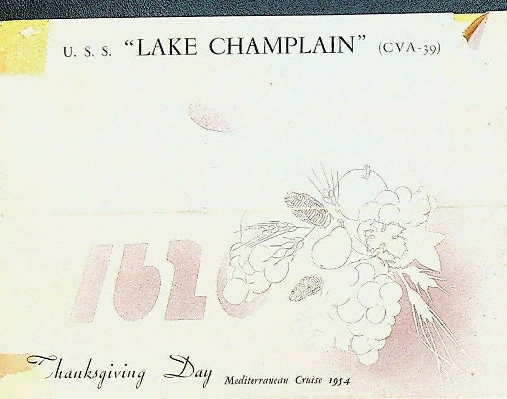 USS Lake Champlain CVA-39 Thanksgiving Day 1954 Menu Mediterranean Cruise