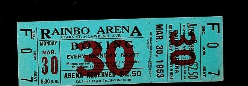 Boxing Match Ticket March 30 1953 Rainbo Arena Chicago Il Johnny Red Evers