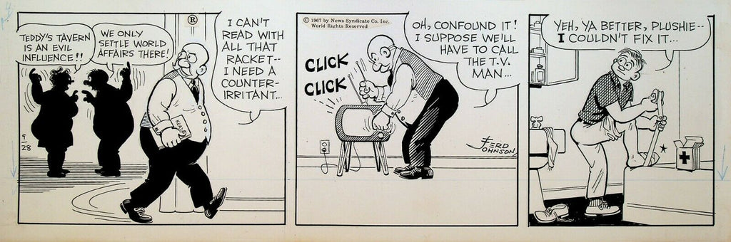 Moon Mullins Ferd Johnson Original Comic Strip Art September 28 1967 TV Set