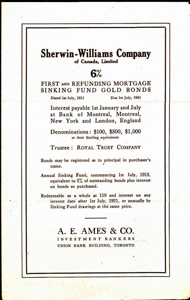 Sherwin Williams of Canada 1911 Bond Prospectus Booklet