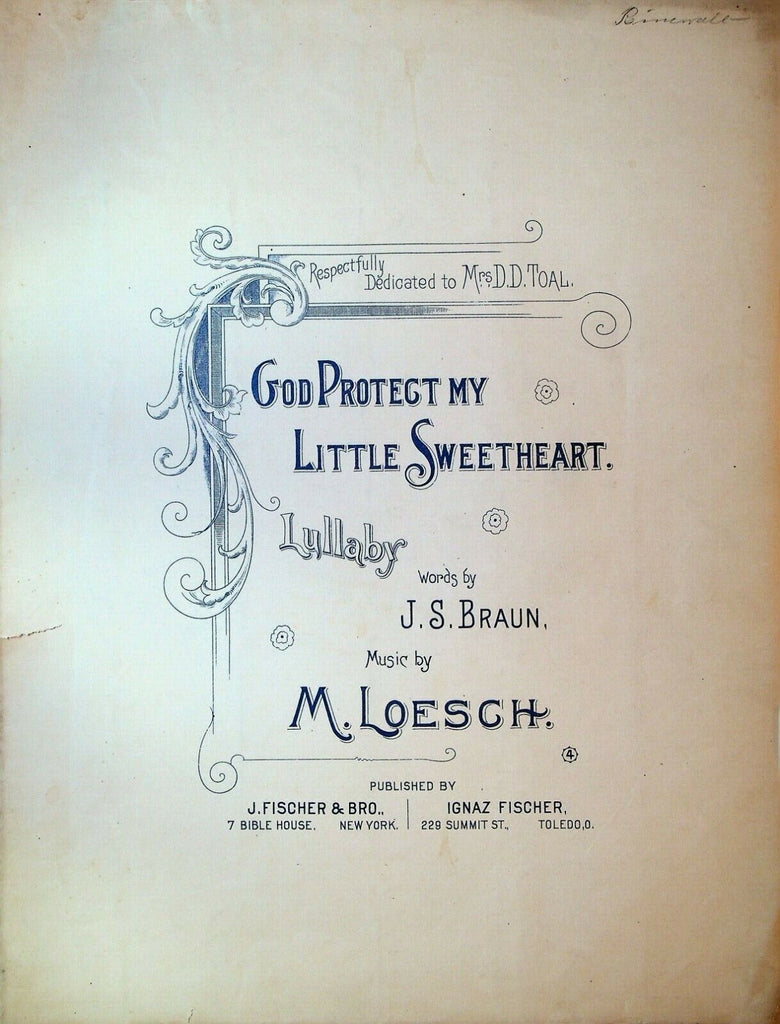 God Protect My Little Sweetheart Lullaby Sheet Music 1896 JS Braun M Loesch