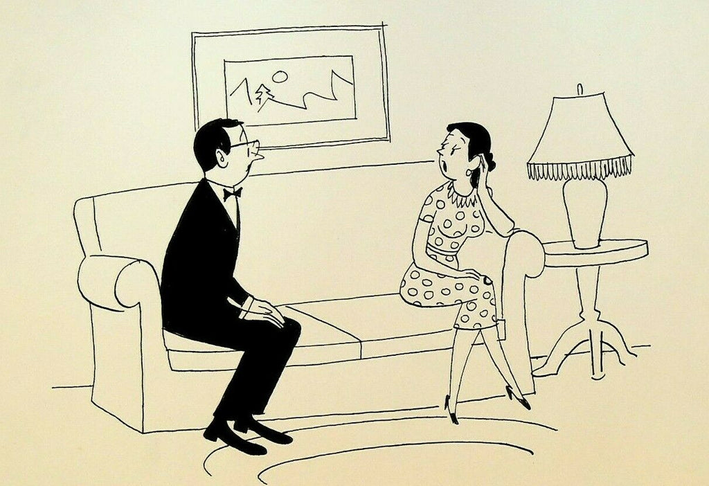 Woman Bored on Date Gag Comic Original Art 1960s Walter Goldstein