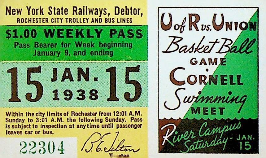 Rochester City Trolley & Bus Lines Pass January 15 1938 Basketball Swimming