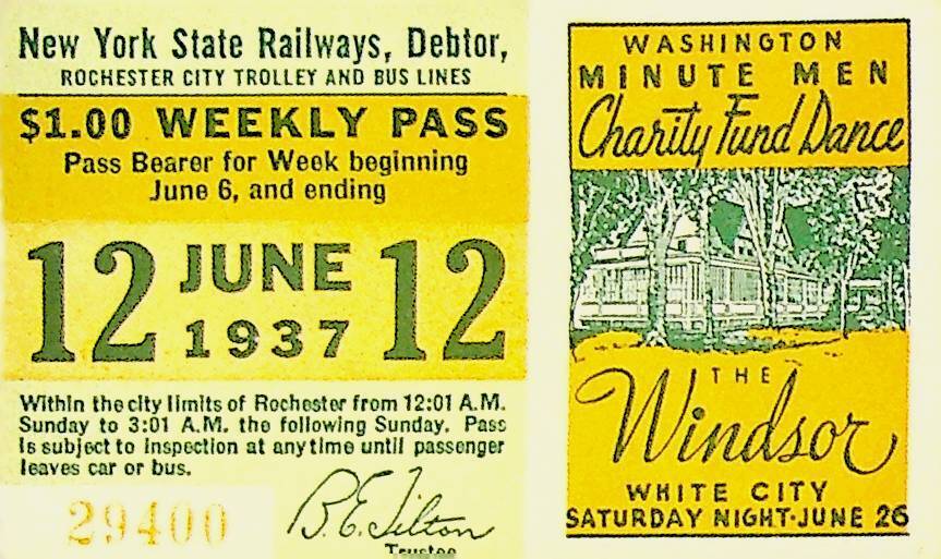 Rochester City Trolley & Bus Lines Pass June 12 1937 Washington Minute Men