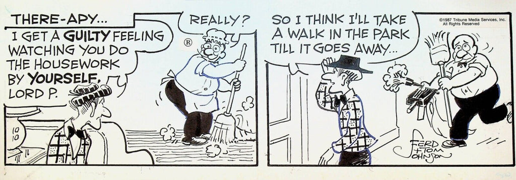 Moon Mullins Original Comic Strip Art Ferd & Tom Johnson October 10 1987 Broom