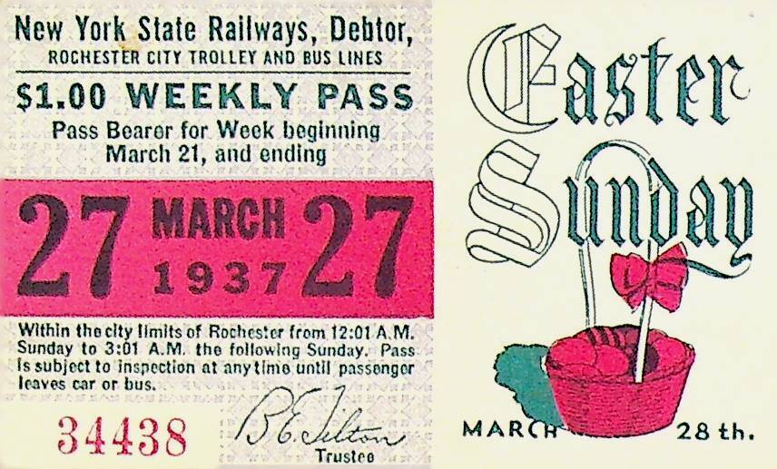 Rochester City Trolley & Bus Lines Pass March 27 1937 Easter Sunday