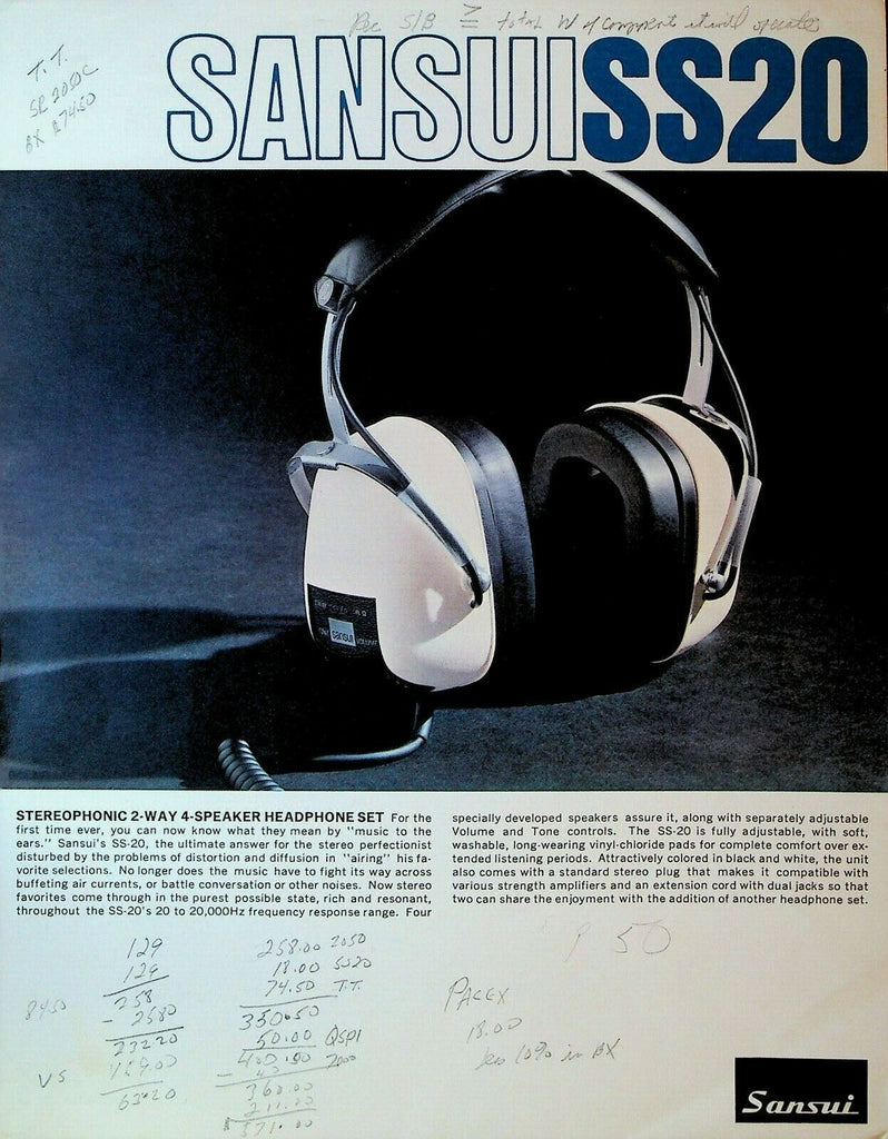 Sansui SS20 Stereo Headphone Set Ad Sheet 1970s