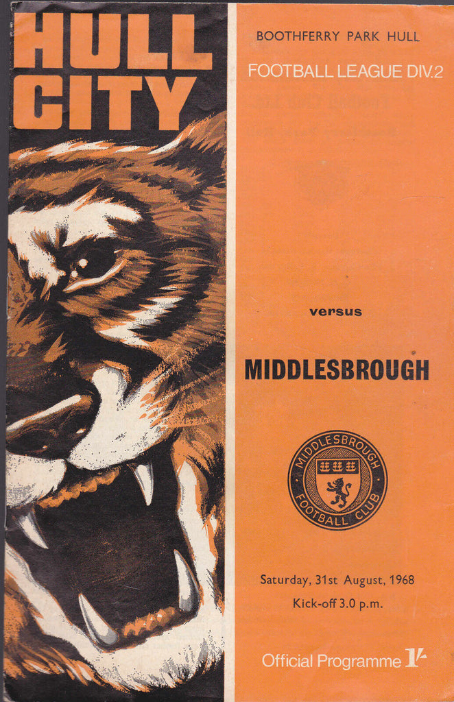 Hull City Tigers Official Programme v Middlesbrough August 31 1968
