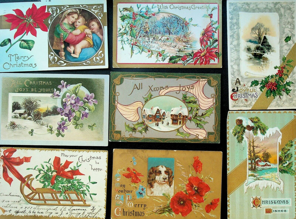 Christmas Postcard Lot of 16 Embossed 1910s Sled Bells Birds Holly Hunting